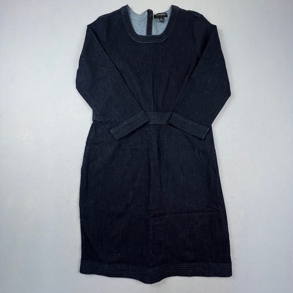 Banana Republic Denim Dress Womens 12 Dark Indigo 3/4 Sleeve Sheath Casual Work